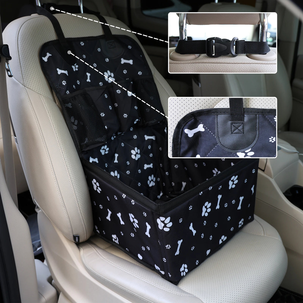 Pet Dog Car Seat with Storage Pockets Universal Pet Seat Cover for Small Medium Dogs Non-Slip Portable Travel Mat & Safety Bag